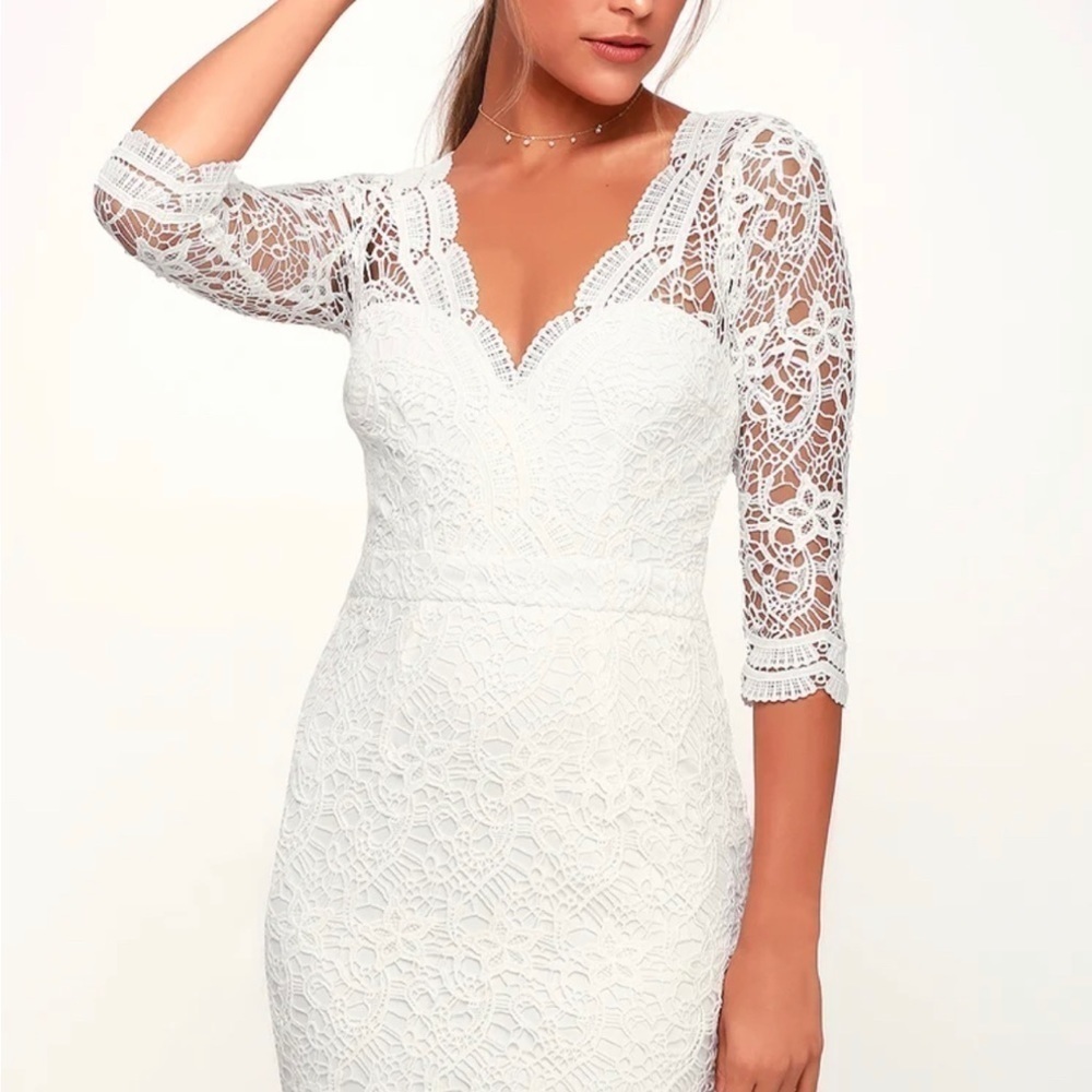 White Lace Sheath Dress with Three-Quarter Sleeves